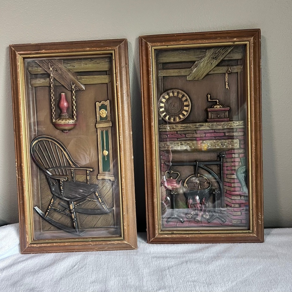 Pair Vintage Turner‎ Wall Accessories 3D Colonial Scenes Fireplace & Rocker